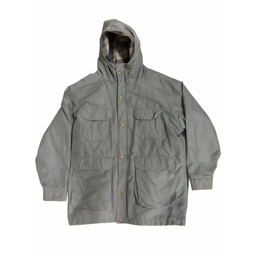 VINTAGE Woolrich Jacket Mens Large Grey Parka Plaid Wool Lined Hooded Made In US